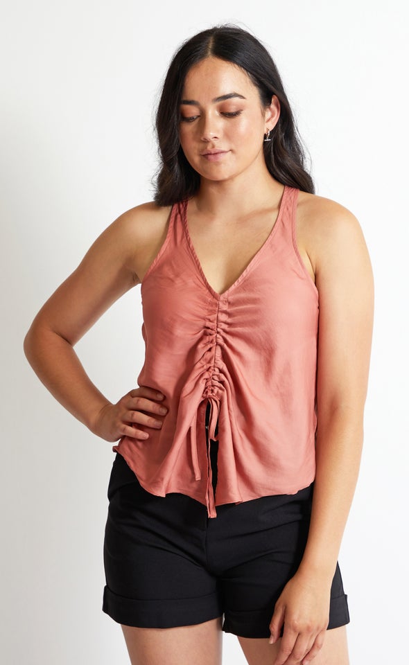 Satin Drawstring Halter Top Salmon