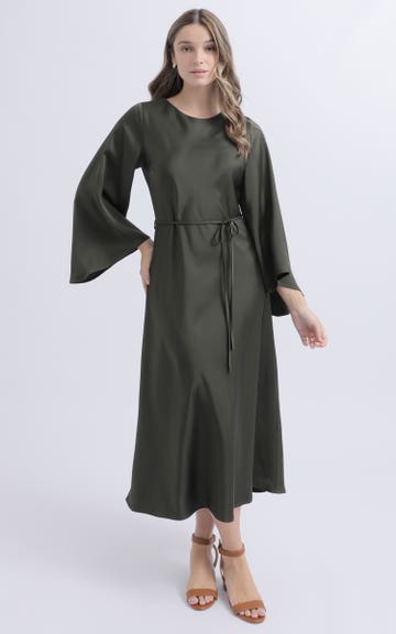 Shop our Satin Flared Sleeve Midi Dress in Dark olive | Pagani