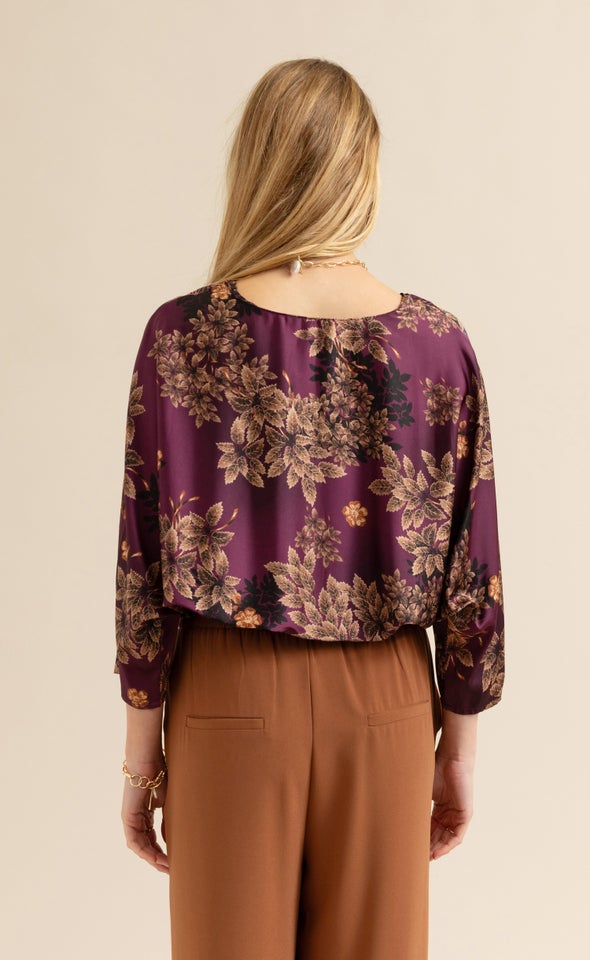 Satin Floral Batwing Top Aubergine/floral