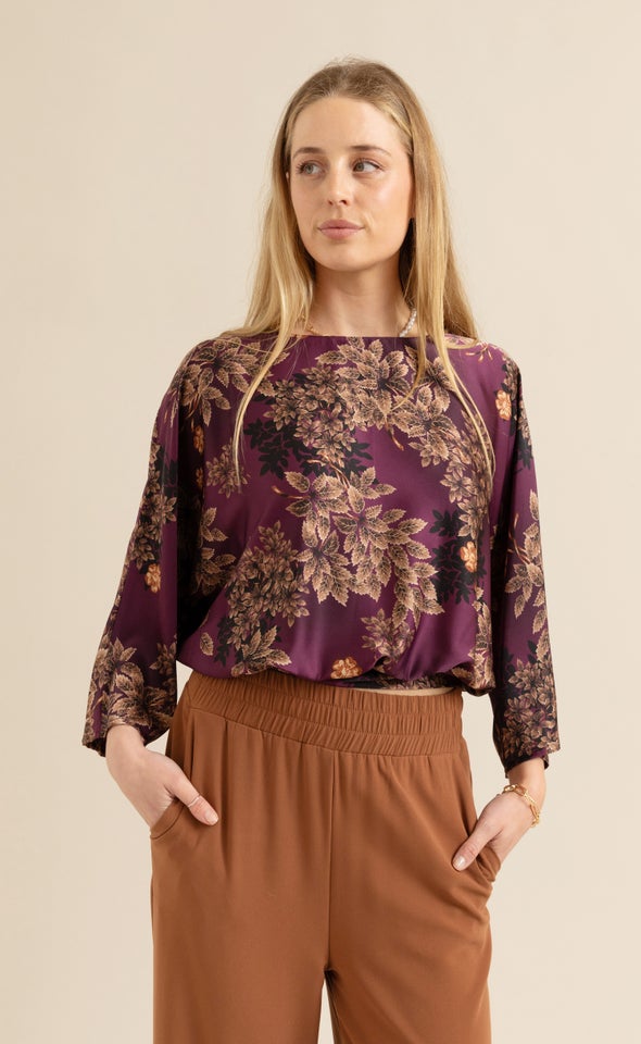 Satin Floral Batwing Top Aubergine/floral