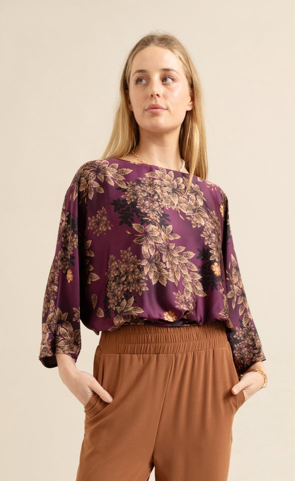 Satin Floral Batwing Top Aubergine/floral