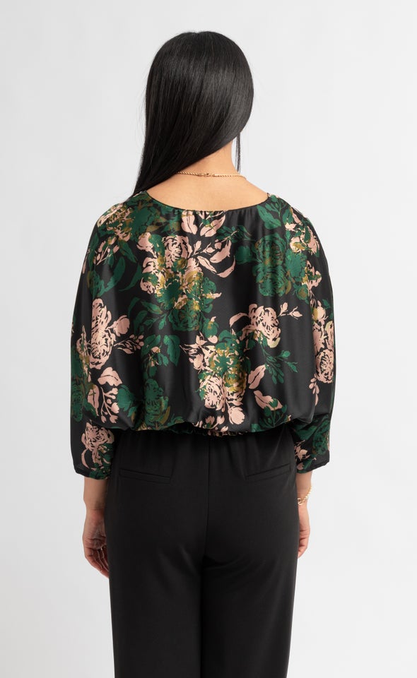 Satin Floral Batwing Top Black/floral