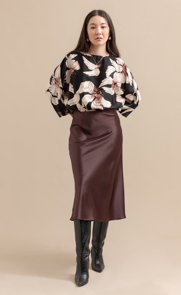 Satin Floral Batwing Top Black/floral