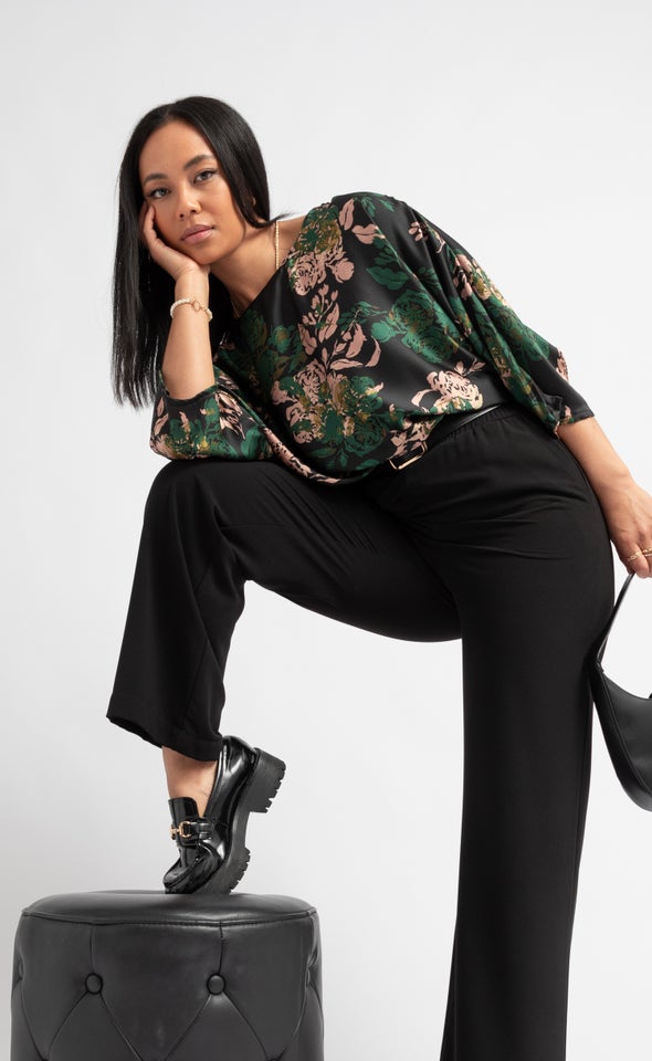 Satin Floral Batwing Top Black/floral