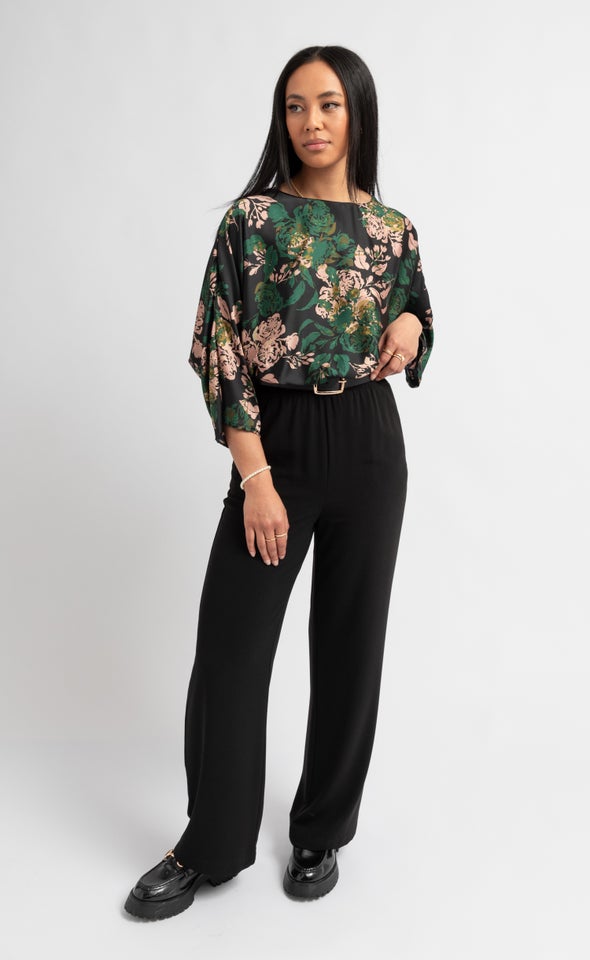 Satin Floral Batwing Top Black/floral