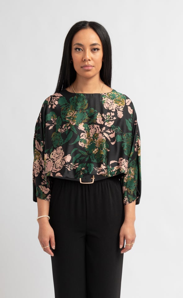 Satin Floral Batwing Top Black/floral