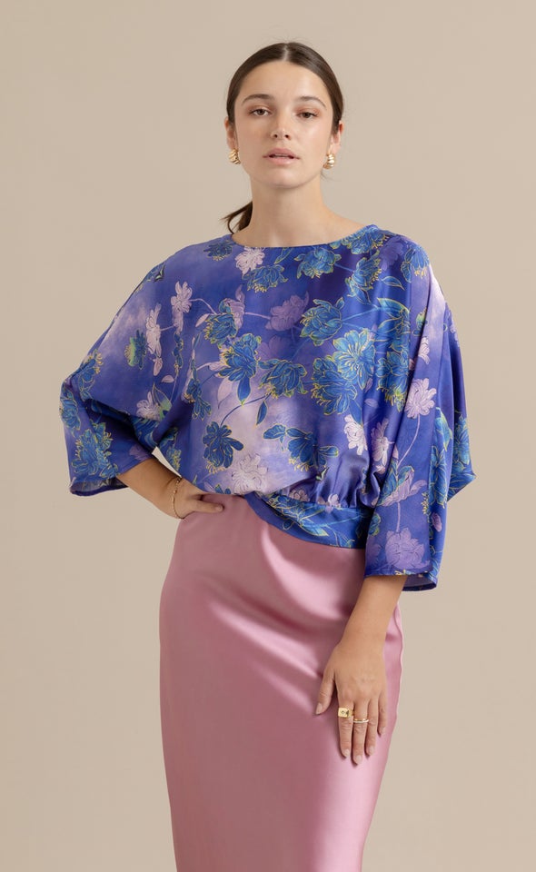 Satin Floral Batwing Top Cobalt/floral