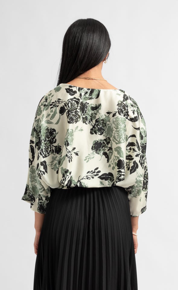 Satin Floral Batwing Top Cream/floral