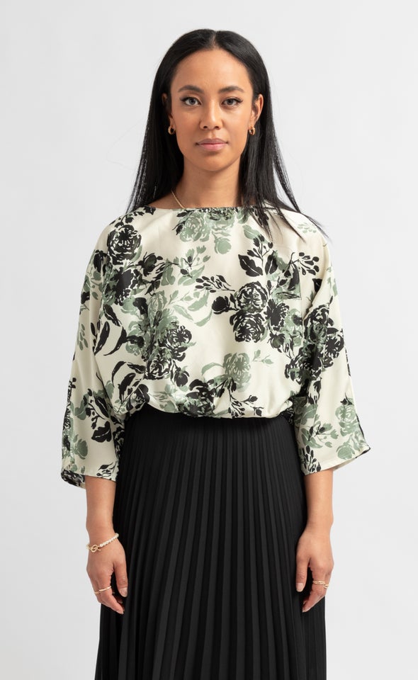 Satin Floral Batwing Top Cream/floral