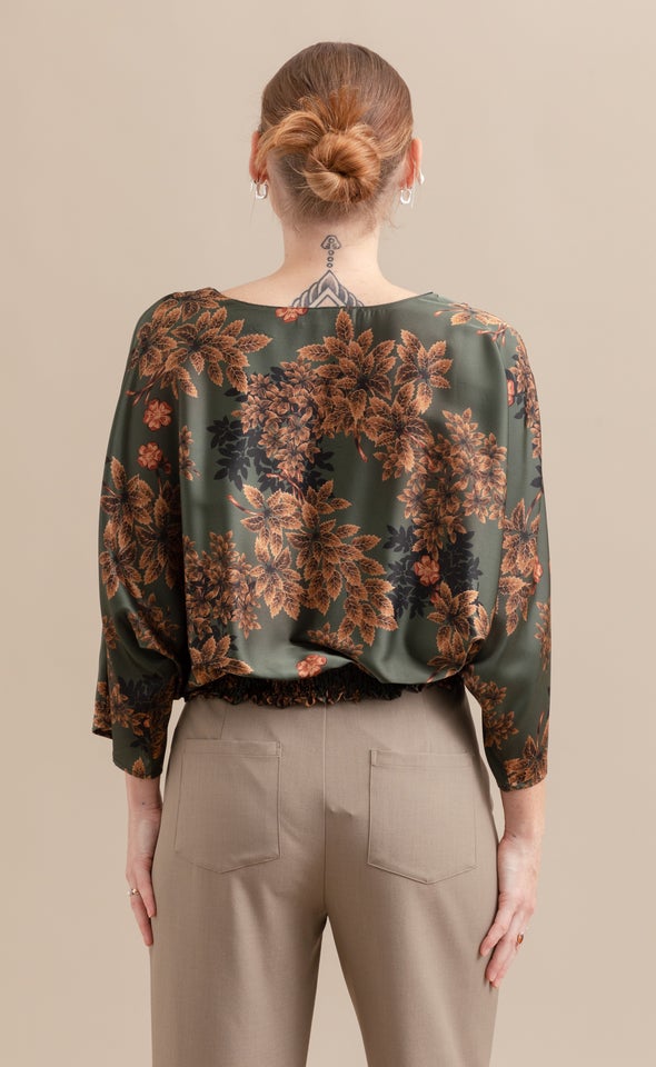 Satin Floral Batwing Top Forest Green/floral