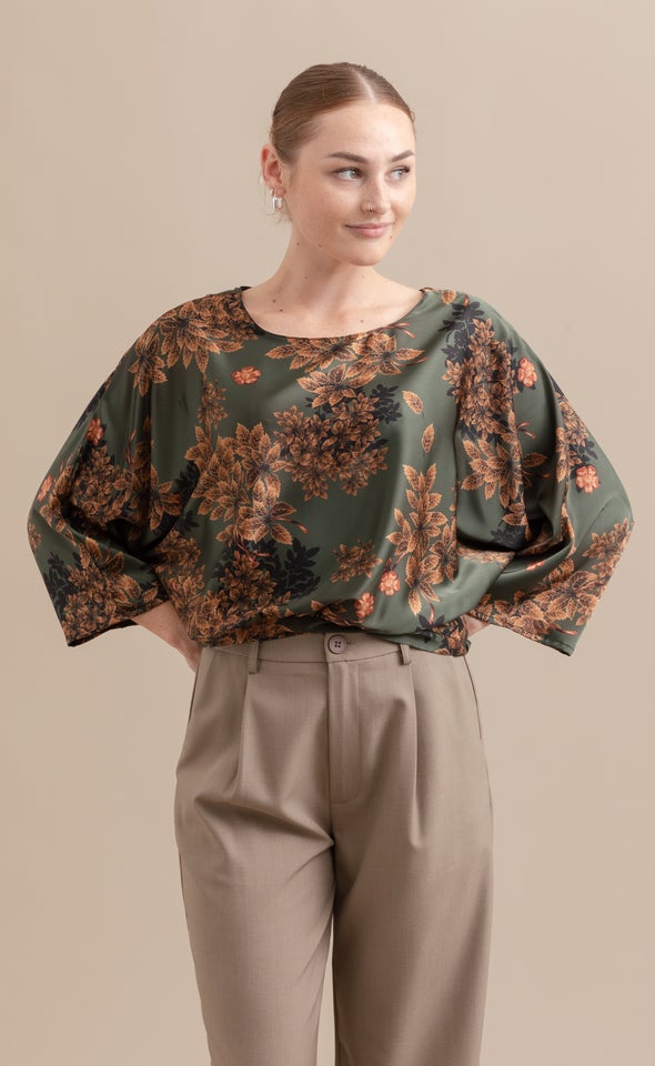 Satin Floral Batwing Top Forest Green/floral