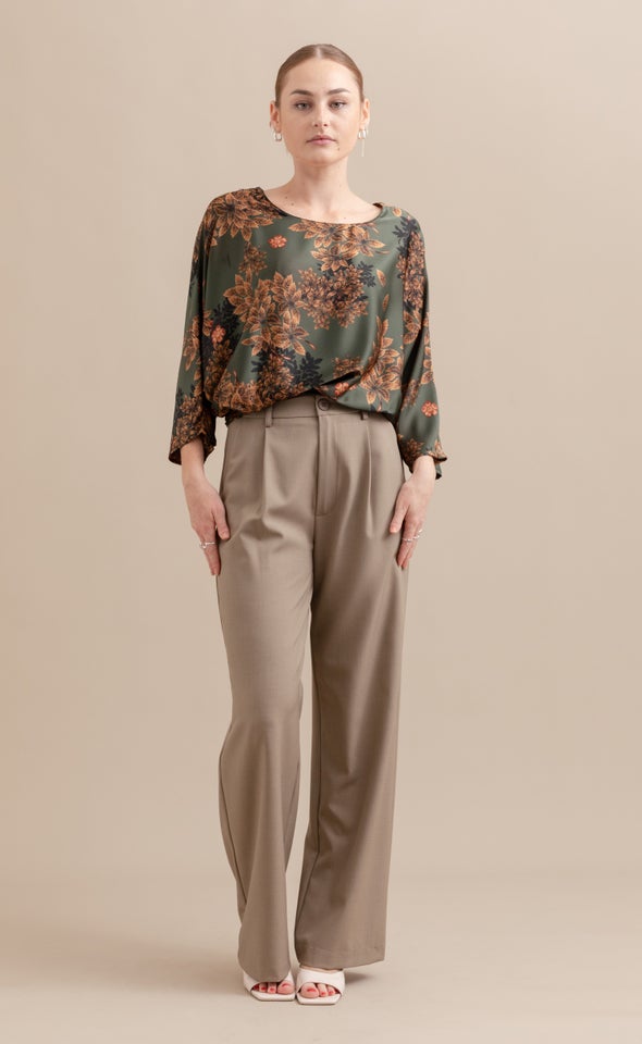 Satin Floral Batwing Top Forest Green/floral