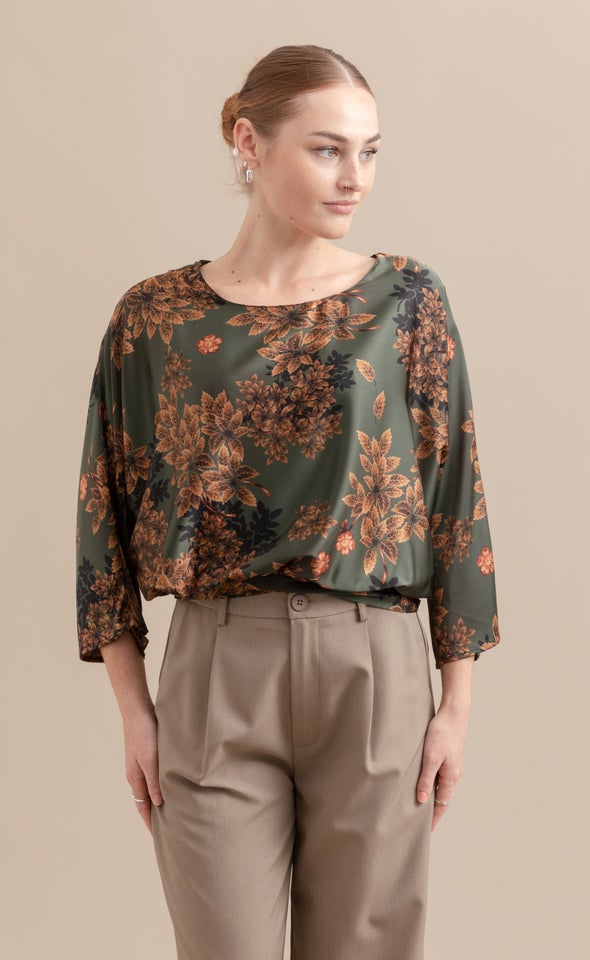 Satin Floral Batwing Top Forest Green/floral