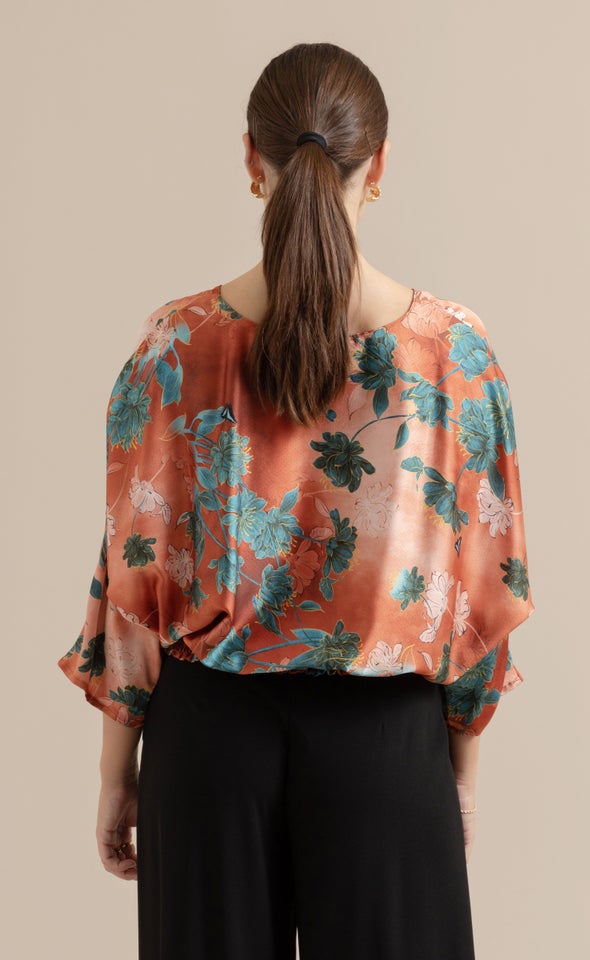 Satin Floral Batwing Top Rust/floral