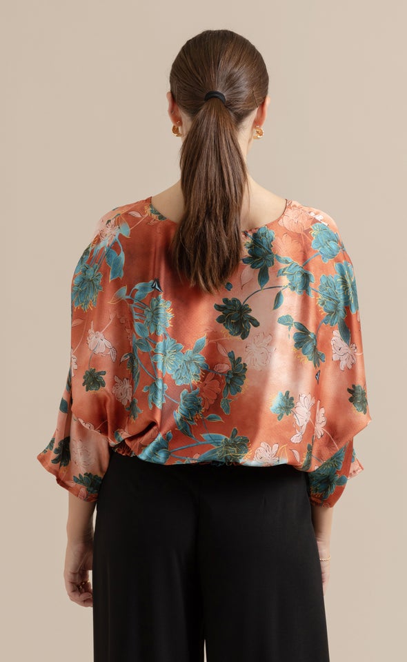 Satin Floral Batwing Top Rust/floral
