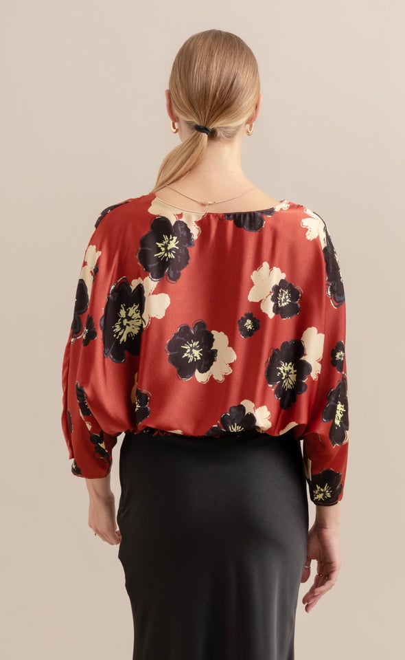 Satin Floral Batwing Top Rust/floral