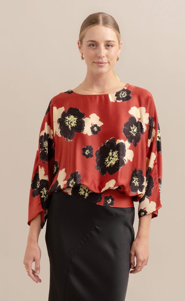 Satin Floral Batwing Top Rust/floral