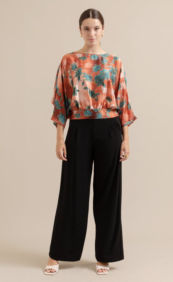 Satin Floral Batwing Top Rust/floral