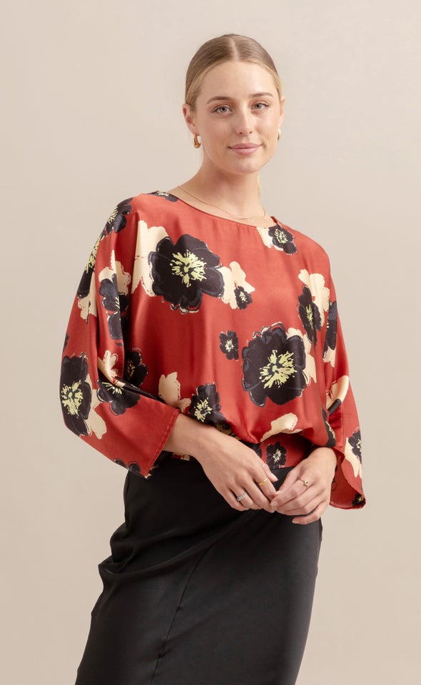 Satin Floral Batwing Top Rust/floral