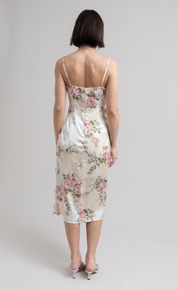 Satin Floral Bias Midi Dress Beige/floral