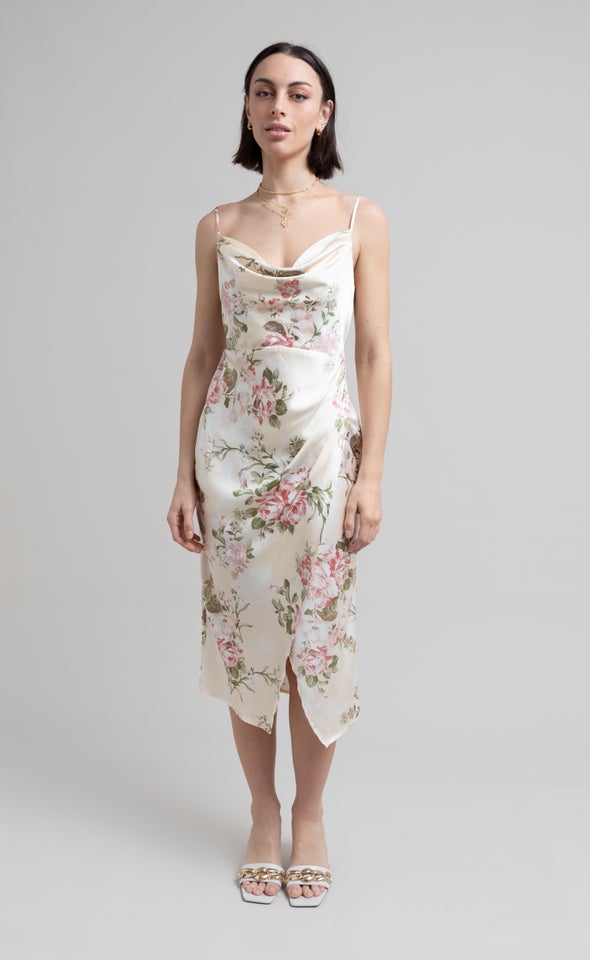 Satin Floral Bias Midi Dress Beige/floral