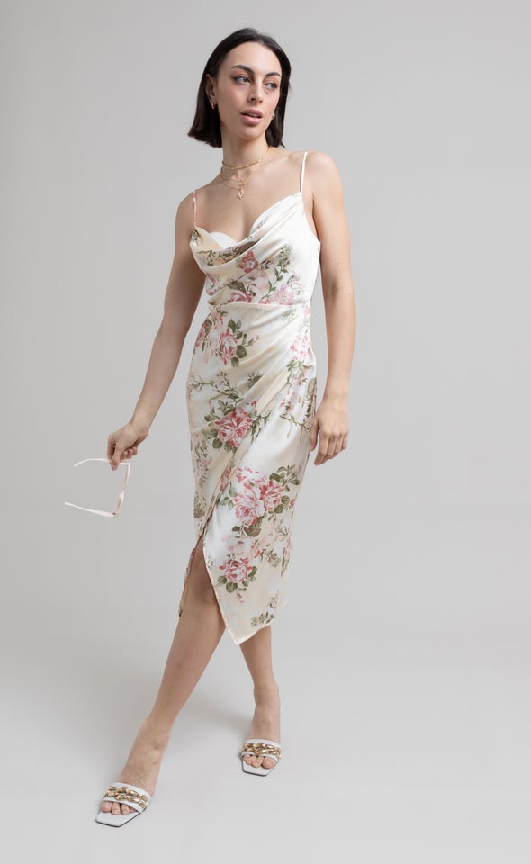 Satin Floral Bias Midi Dress Beige/floral