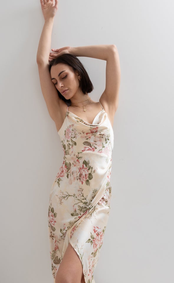 Satin Floral Bias Midi Dress Beige/floral