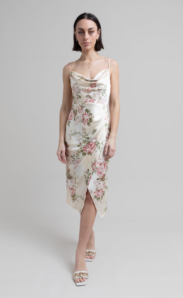 Satin Floral Bias Midi Dress Beige/floral