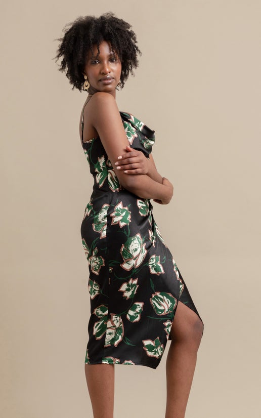 Shop our Satin Floral Bias Midi Dress in Black/floral | Pagani
