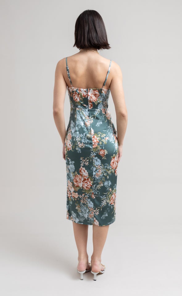 Satin Floral Bias Midi Dress Green/floral