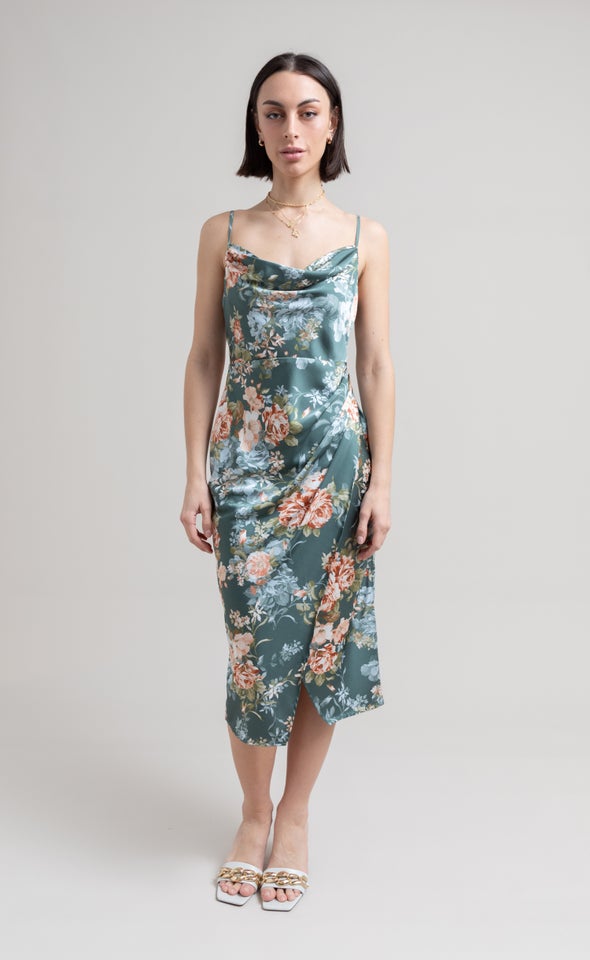 Satin Floral Bias Midi Dress Green/floral
