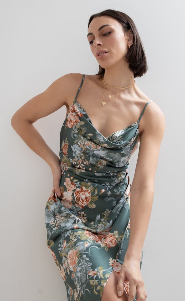 Satin Floral Bias Midi Dress Green/floral