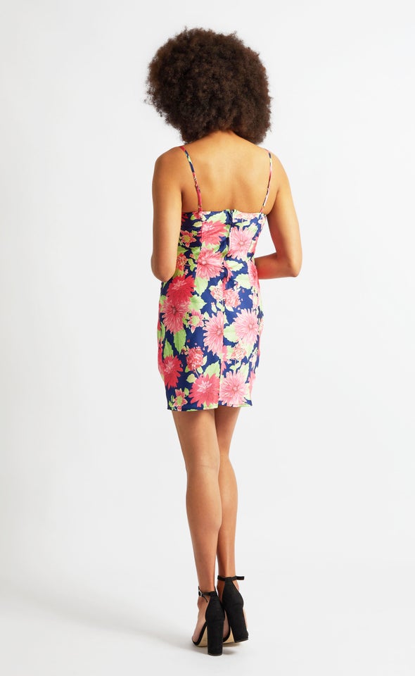 Satin Floral Bias Mini Dress Navy/pink