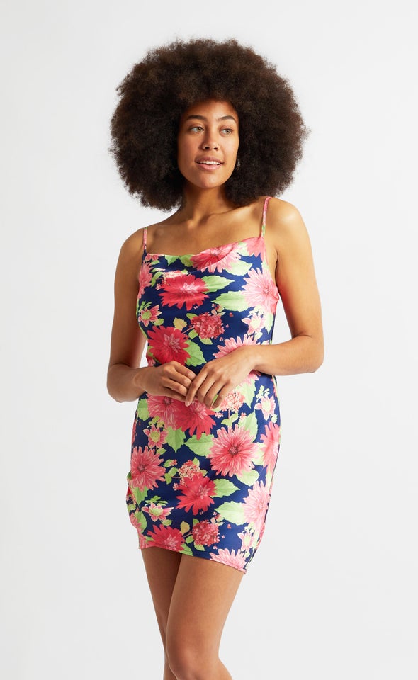 Satin Floral Bias Mini Dress Navy/pink