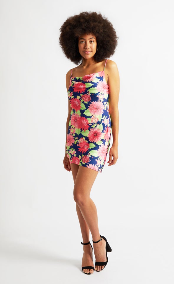 Satin Floral Bias Mini Dress Navy/pink