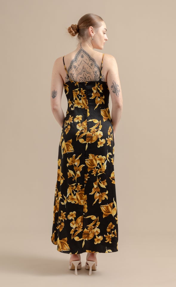 Satin Floral Bias Pleat Detail Gown Black/mustard