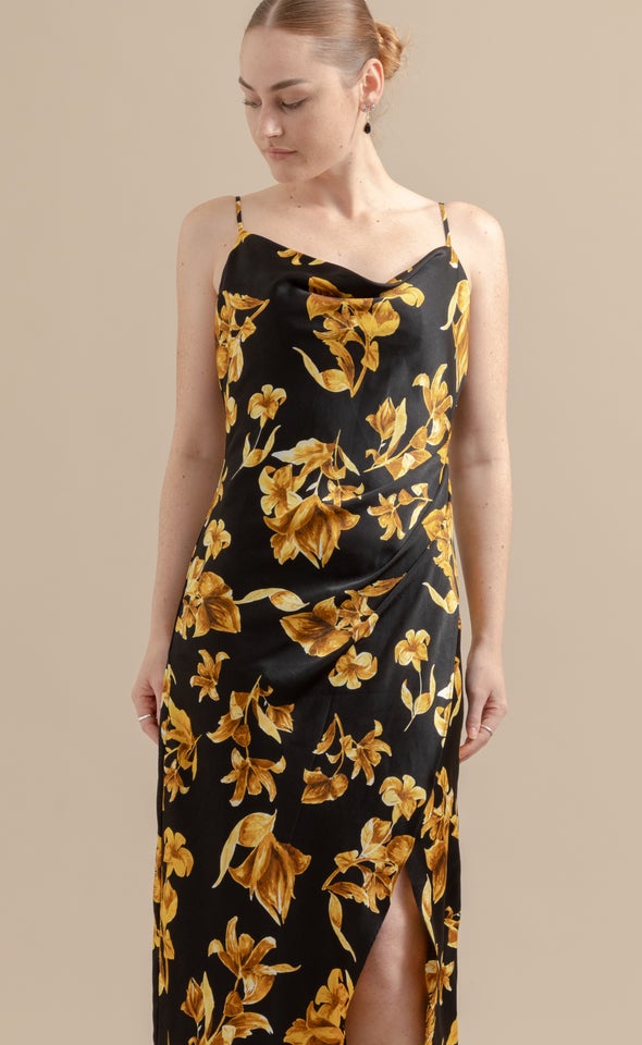 Satin Floral Bias Pleat Detail Gown Pagani1