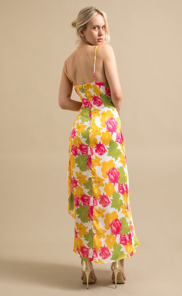 Satin Floral Bias Pleat Detail Gown Cream/floral