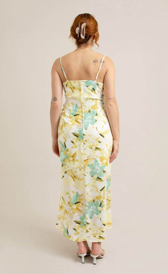 Satin Floral Bias Pleat Detail Gown Yellow/floral