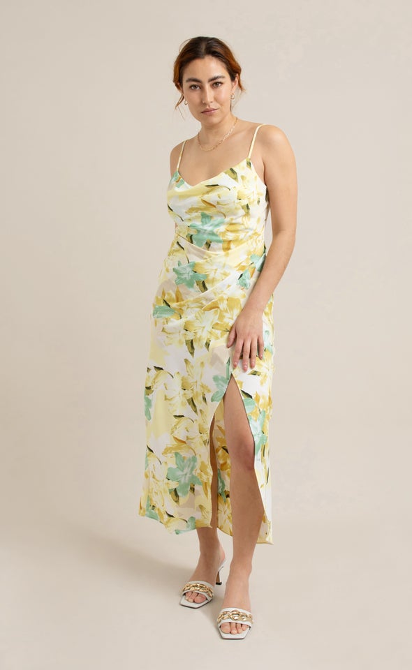 Satin Floral Bias Pleat Detail Gown Yellow/floral
