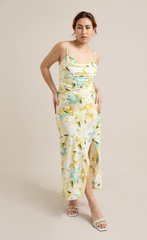 Satin Floral Bias Pleat Detail Gown Yellow/floral