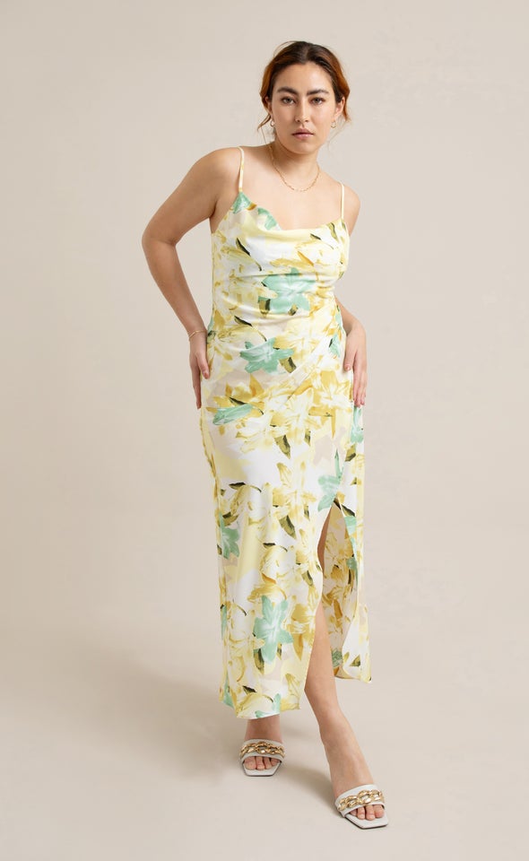 Satin Floral Bias Pleat Detail Gown Yellow/floral