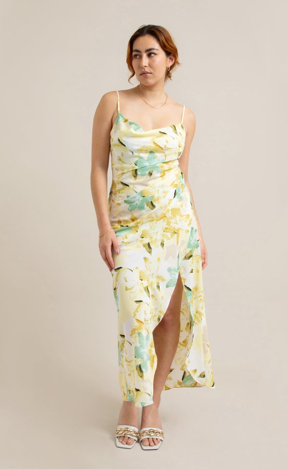 Satin Floral Bias Pleat Detail Gown Yellow/floral