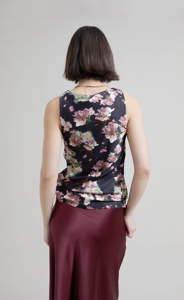 Satin Floral Bias Shell Top Black/pink
