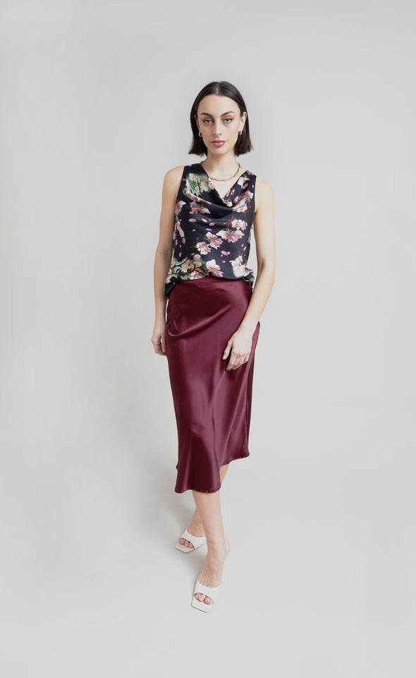 Satin Floral Bias Shell Top Black/pink