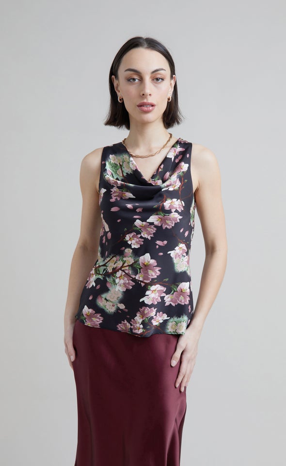 Satin Floral Bias Shell Top Black/pink
