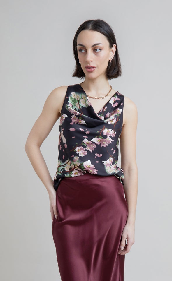 Satin Floral Bias Shell Top Black/pink