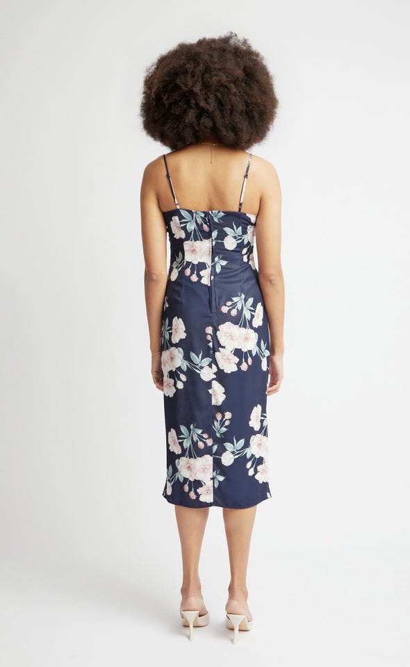 Satin Floral Cowl Split Hem Dress Navy/floral