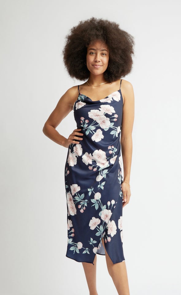Satin Floral Cowl Split Hem Dress Navy/floral