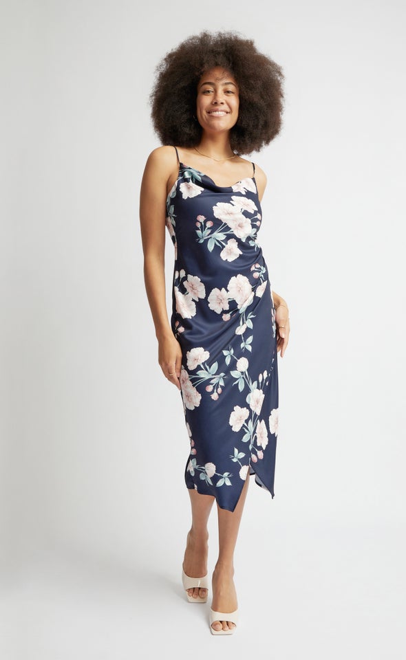 Satin Floral Cowl Split Hem Dress Navy/floral